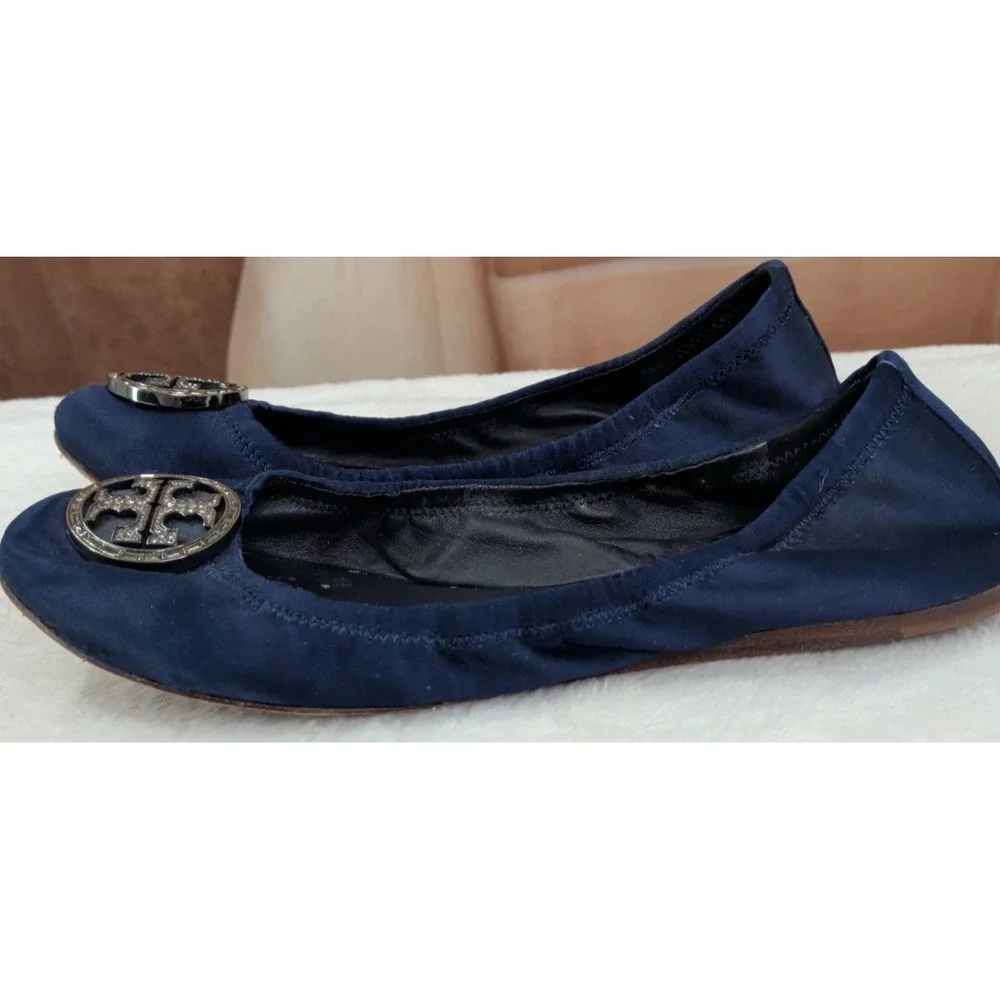 Tory Burch Navy Satin Ballet Flats Slip-On Crystal Logo Accent